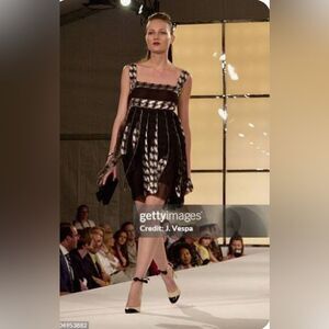 CHANEL Fall 2001 Black and White Pleated Silk Cocktail Dress